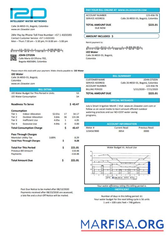 Printable Colombia i2O Water utility bill download for verification
